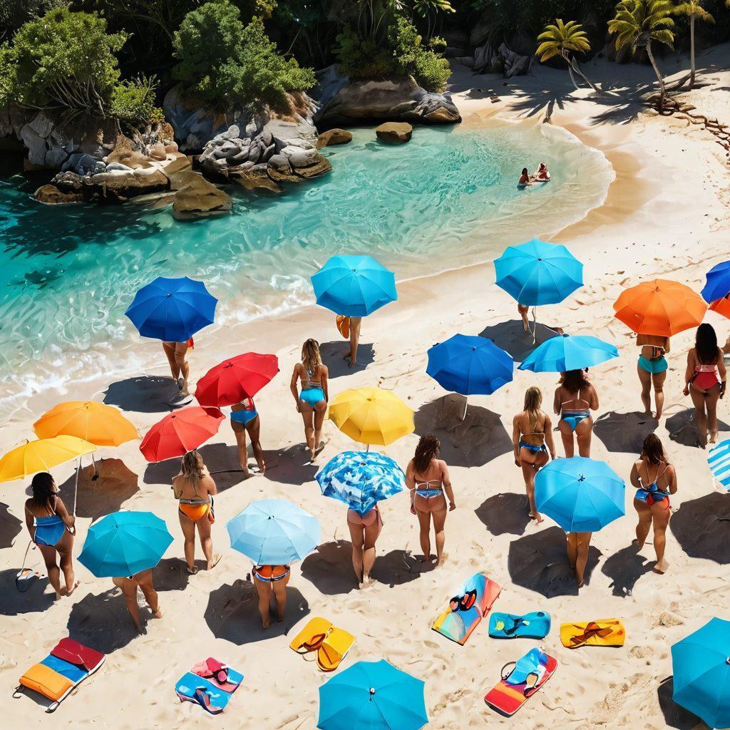 A vibrant beach scene showcasing a diverse group of women confidently wearing stylish thong bikinis and swimsuits, with a sunny blue sky and crystal-clear waves. Include colorful beach umbrellas, stylish flip-flops, and beach towels spread out on the sand, emphasizing body positivity and fun summer vibes. Bright, cheerful colors and playful elements to capture the essence of daring fashion. super-realistic. vibrant colors. tropical setting.